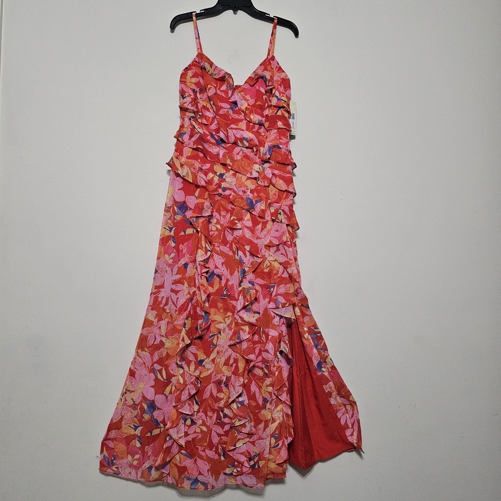 Eliza J‎ Dress Size 6 Fits Small Red Pink Sweetheart Ruffles Side Slit Long 304